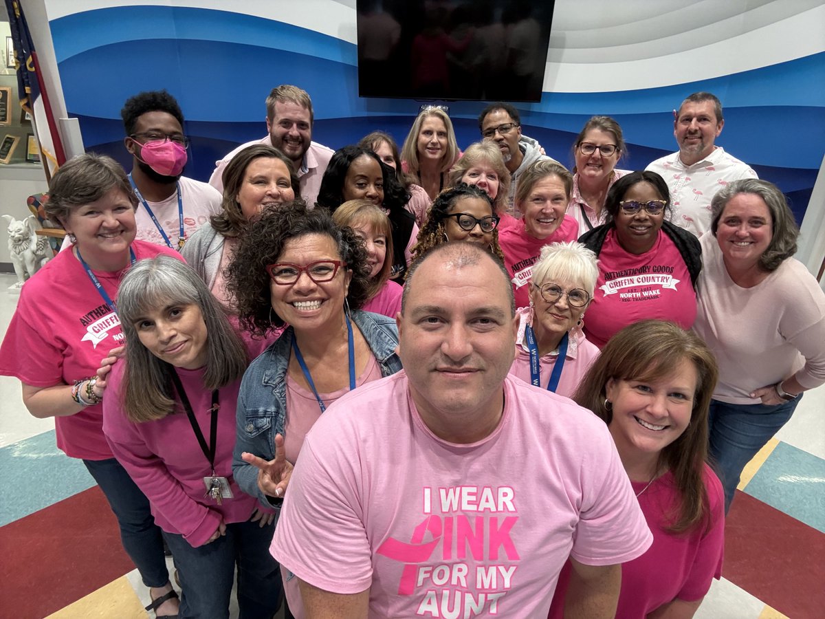 NWakeCCAcademy's tweet photo. Our staff joining in on #BreastCancerAwarenessMonth and our school PINK OUT day. #Griffins unite and support. https://t.co/O5UbsBiC7h