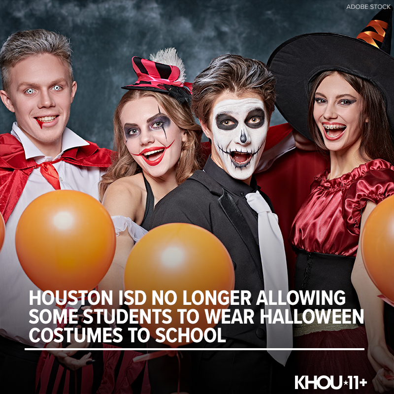 KHOU's tweet photo. No tricks or treats for older @HoustonISDistr1 students this year thanks to the district's new Halloween costume policy. 👻🤡🧙‍♀️
https://t.co/uufRJgQxT9 https://t.co/n2INLxnmhV