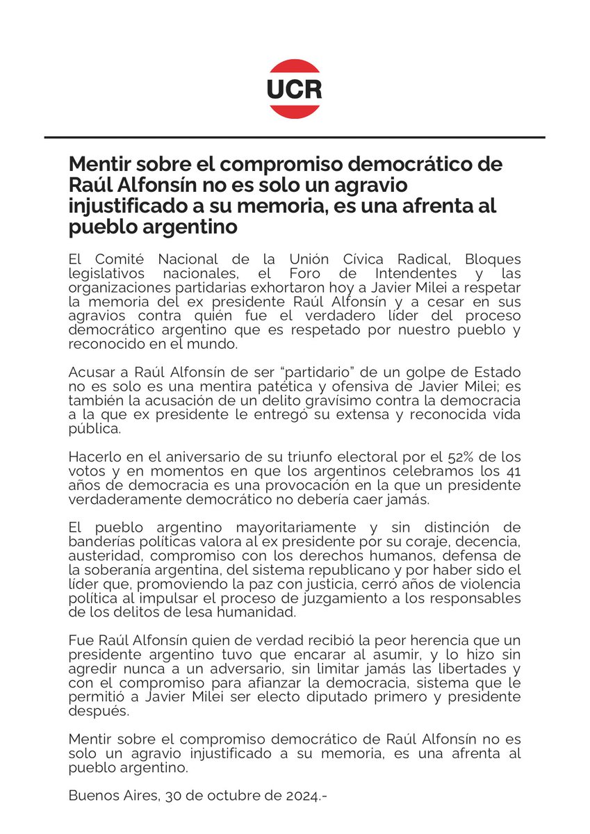 #Comunicado | Mentir sobre el compromiso democrático de Raúl Alfonsín no es solo un agravio injustificado a su memoria, es una afrenta al pueblo argentino.