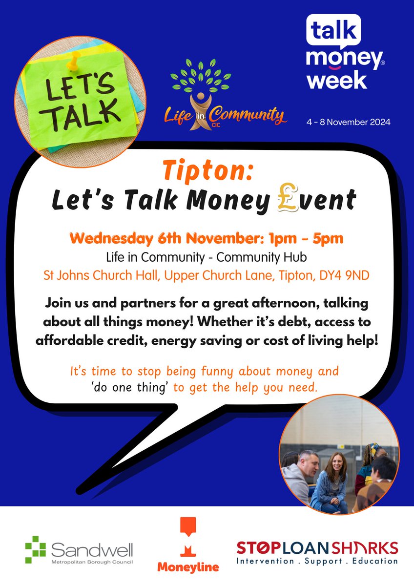 #PrincesEnd #Tipton #Sandwell 
Join  us for our #LetsTalk event on Nov 6th as part of #TalkMoneyWeek
Come join the conversation about all things #money &amp; come get the help, advice &amp; support you need.
There'll also be a bit of #fittle too! 😋
<a href="/DarrylMagher/">Darryl Magher 🔱</a> 
@Q3Tipton 
<a href="/asdaTipton/">community champion</a>