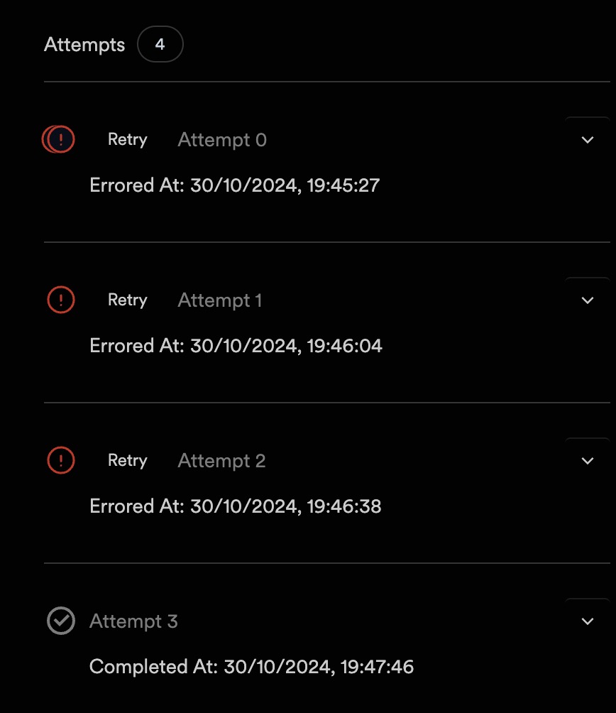 I'm setting up <a href="/inngest/">Inngest</a> queueing to make my app more robust.

It now also makes development easier because the automatic retries on failed attempts mean I can directly see when a code change fixes the bug.

Once the issue is solved, the run succeeds.