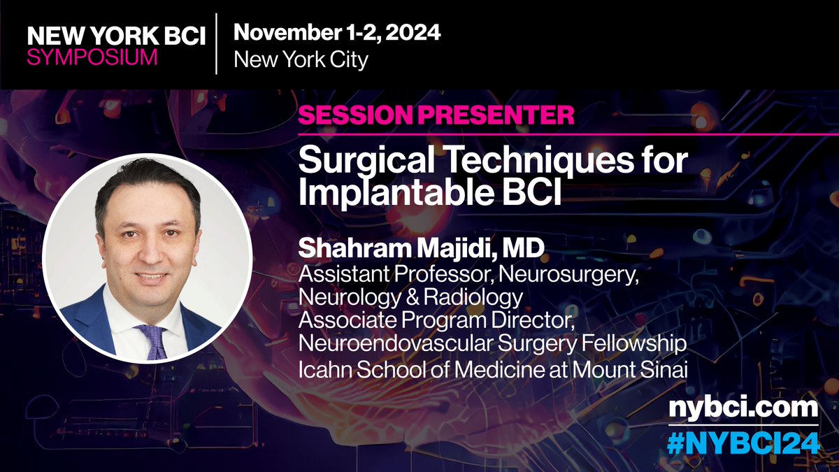 MountSinaiNeuro's tweet image. We’re excited to announce that @MajidiShahram Assistant Professor @IcahnMountSinai, is presenting during #NYBCI24 on Nov 1-2 in NYC! Join him and other top experts in #BCI for cutting-edge discussions on the future of #neuralinterfaces.#stentrode #ibci Learn more:…