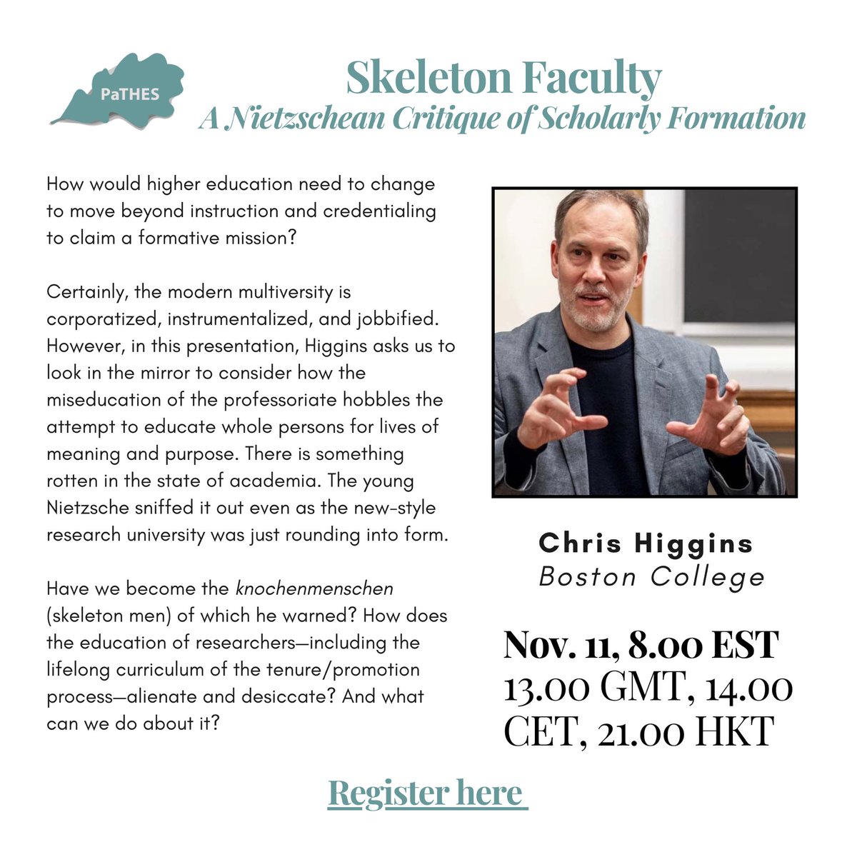 Tessa DeLaquil (@tdelaquil) on Twitter photo This is going to be a good one - join <a href="/PaTHES_Society/">@PaTHES Society</a> on Nov. 11 at 8.00 ET/13.00 GMT/21.00 HKT for a webinar with Chris Higgins <a href="/bcformative_ed/">BC Formative Education</a> <a href="/bclynchschool/">Boston College Lynch School</a> titled “Skeleton Faculty: A Nietzschean Critique of Scholarly Formation”. Register here: ucd-ie.zoom.us/meeting/regist… This is going to be a good one - join <a href="/PaTHES_Society/">@PaTHES Society</a> on Nov. 11 at 8.00 ET/13.00 GMT/21.00 HKT for a webinar with Chris Higgins <a href="/bcformative_ed/">BC Formative Education</a> <a href="/bclynchschool/">Boston College Lynch School</a> titled “Skeleton Faculty: A Nietzschean Critique of Scholarly Formation”. Register here: ucd-ie.zoom.us/meeting/regist…