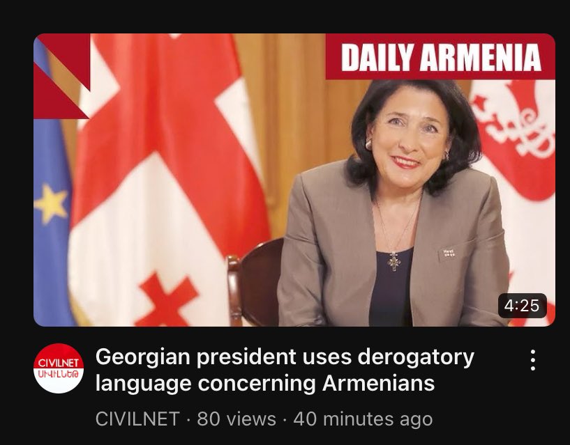 GiorgiTumasyan's tweet photo. When the ruling party in Georgia claimed that an opposition leader Khazaradze was Armenian as a reason not to vote for him, it went unreported in the Armenian media. However, when President Zurabishvili—who consistently advocates for Armenia and genuinely contributes its European future—mentioned that a scheme, commonly known in Georgia as “Armenian carousels,” had been used widely by Russia in Armenia for years, it sparked controversy and was turned against her.

Also, as someone who represents the Armenian community platform of Georgia that has done the most to combat Armenophobia in Georgia over the past decade, I can assert that “Armenian carousel” is not derogatory language against Armenians. However, remarks by a journalist backed by the ruling pro-Russian party saying to Khazaradze, “You are ashamed of your Armenian origin; that’s why you hide it” and “You rob (as a founder of the TBC Bank) Georgians because you are Armenian” clearly are. You’re on the wrong side of history, folks.
