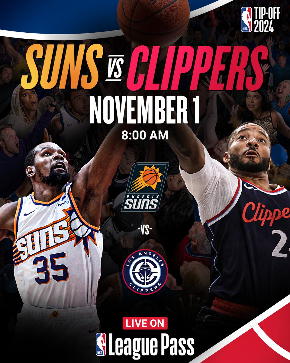 NBAIndia's tweet photo. The fired-up Suns โ๏ธ are set to clash with the high-flying Clippers! โจ
Who will get the last laugh? โ๏ธ
Find out as the @Suns face the @LAClippers tomorrow, LIVE only on #NBALeaguePass! ๐ฑ
#TipOff24 https://t.co/dP0XOAMM4B