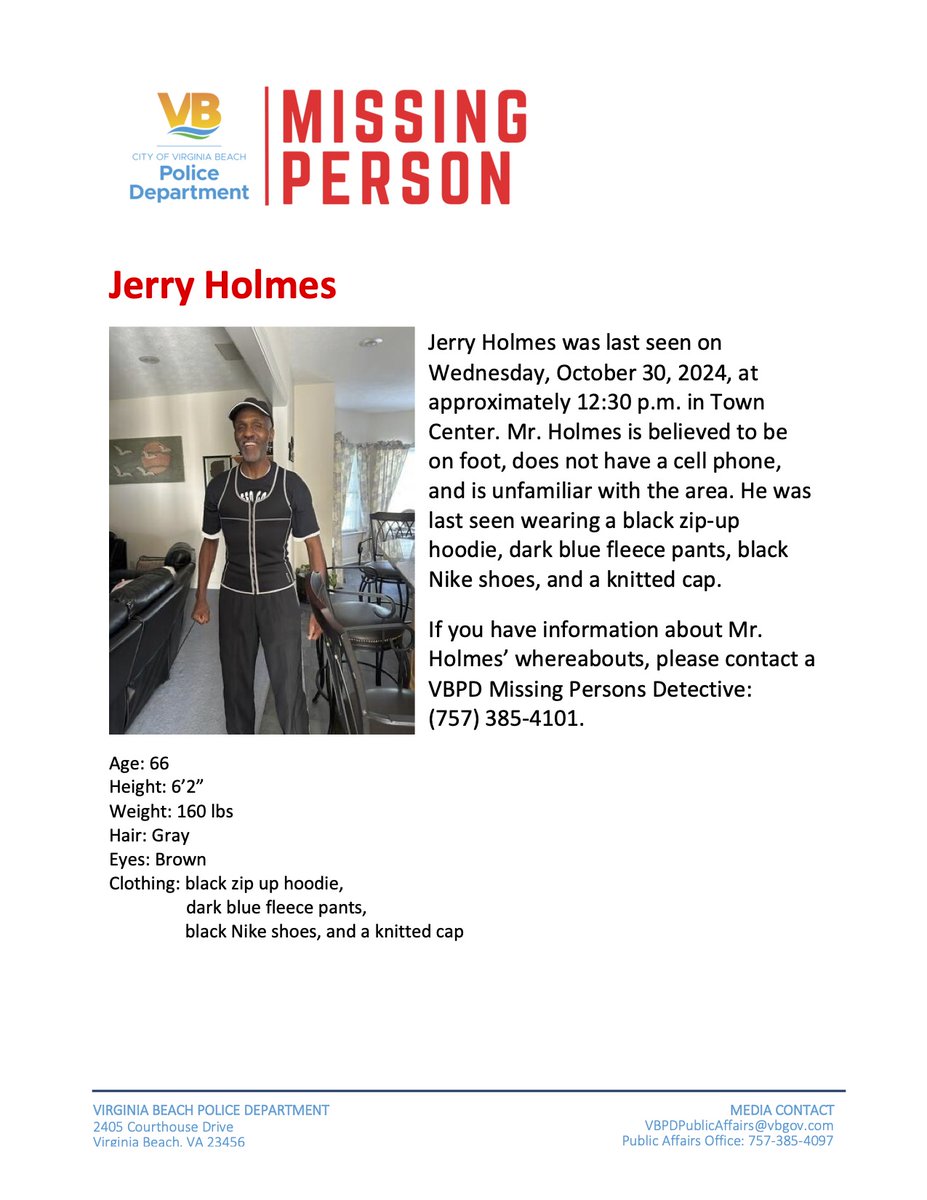 VBPD's tweet image. Have you seen this Missing Person?

If you have information about Mr. Holmes’ whereabouts, please contact a VBPD Missing Persons Detective: (757) 385-4101.

#VBPD #VBPDAlert