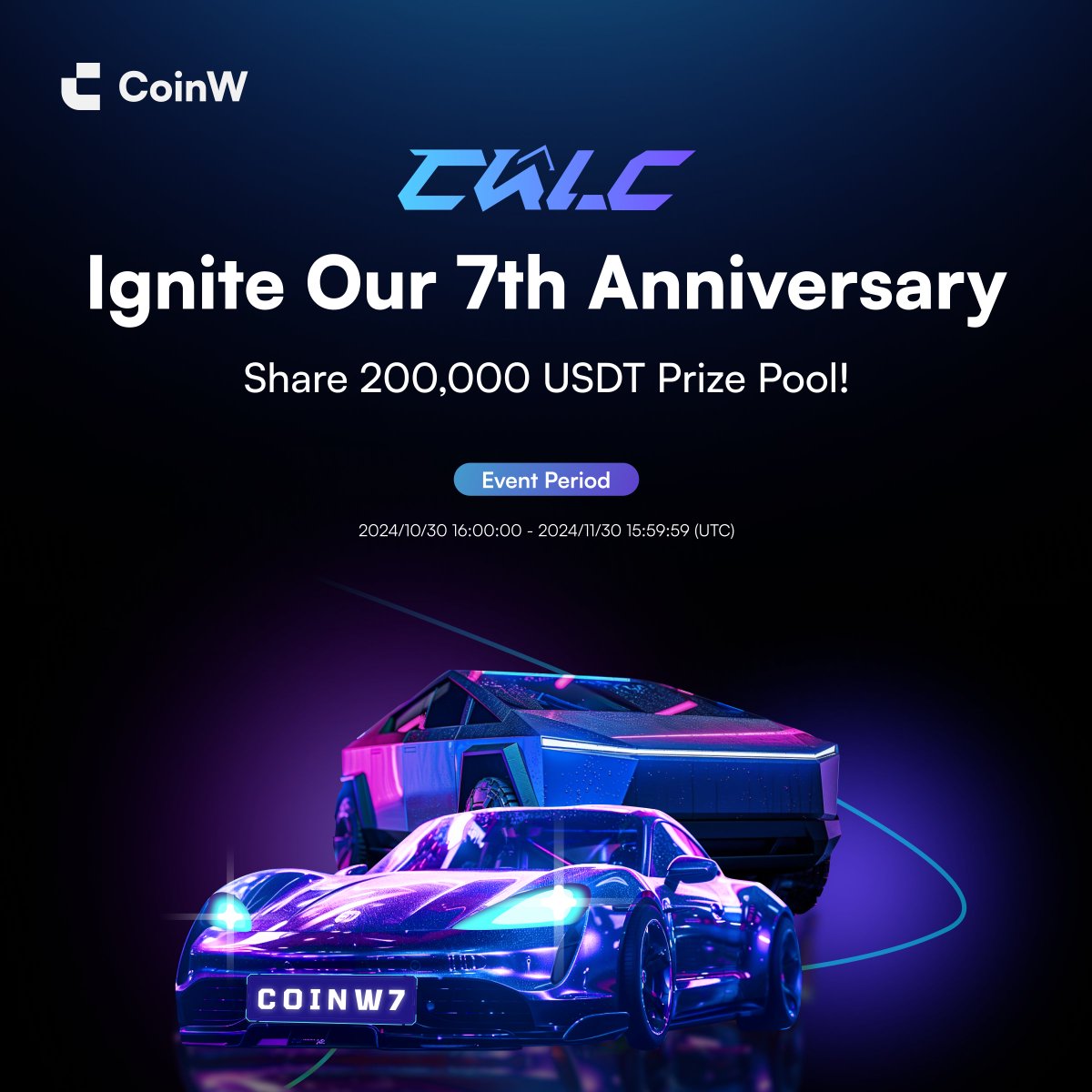 Let’s LIGHT UP CoinW’s 7th Anniversary! Join the celebration and compete for a share of 200,000 USDT in prizes! 🌈 Are you ready to make your mark? Register now! 👉  bit.ly/3AgpK6t

#CWLC2024 #CoinW7thAnniversary