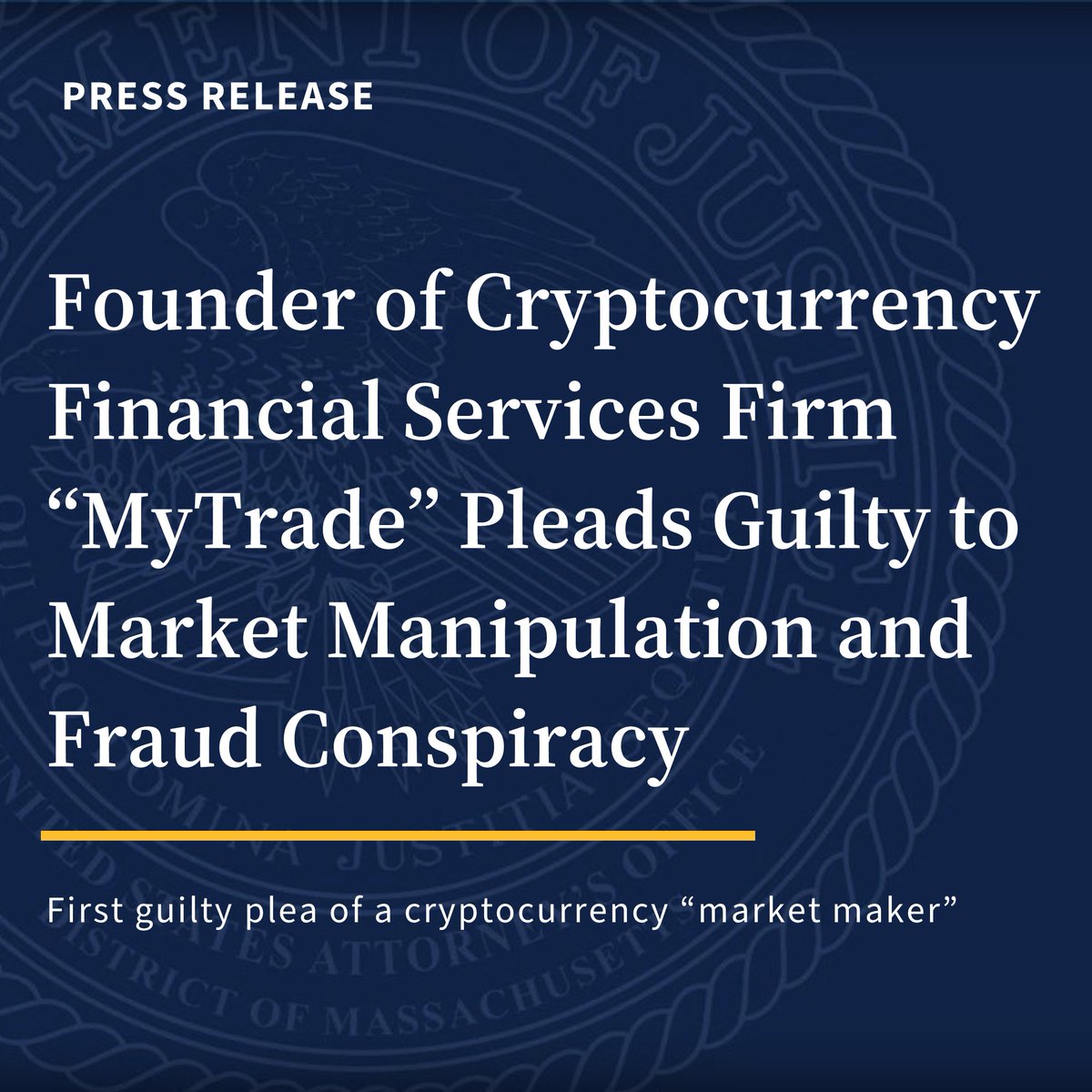 Founder & primary operator of crypto market maker “MyTrade” pleads guilty  to role in a wide-ranging market manipulation conspiracy.  🔗https://t.co/vKwqWvgYF7