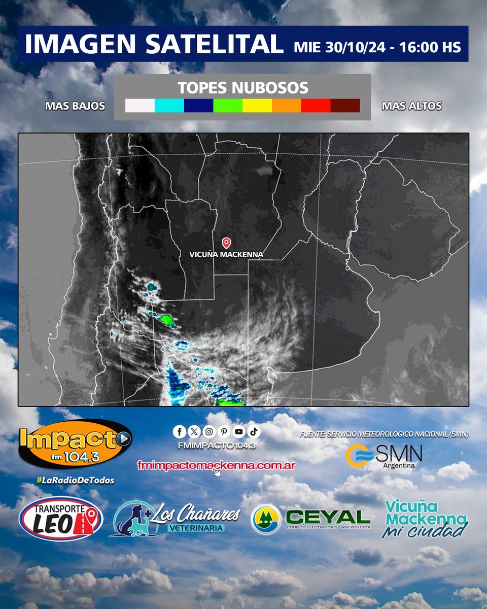 fmimpacto1043's tweet photo. ☀️🌧 #Clima #EstadoDelTiempo ⛅️☁️

🛰 ULTIMA IMAGEN SATELITAL 📸
MIE 30/10/2024 - 🕓 HORA 16:00

🖲 #VicuñaMackenna Y CENTRO DEL PAIS

@smn_argentina 

#Satelite #Tiempo #VicuñaMackenna #Cordoba #Argentina #CentroDelPais #SMN #ConVosEnElTiempo #AtentosAlTiempo https://t.co/bpNLvjoFwh