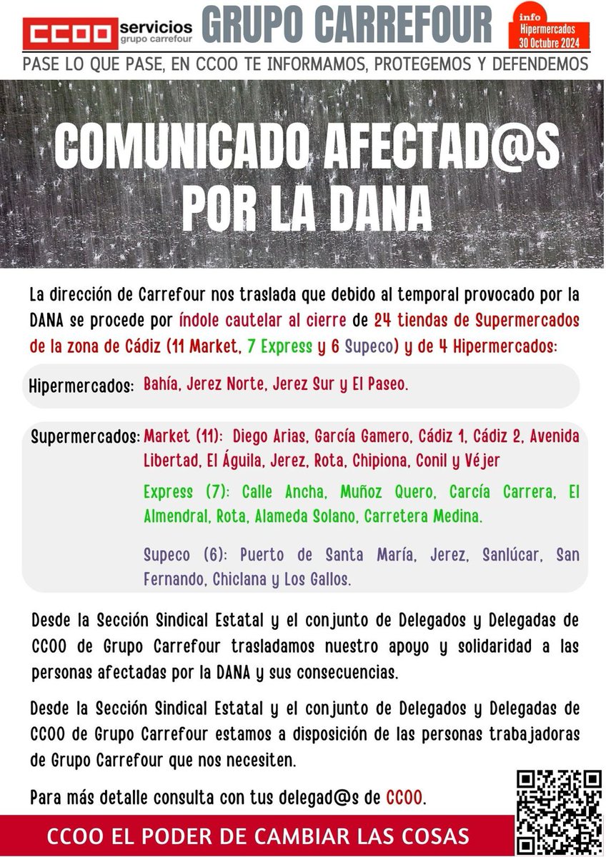 ⚠️ GRUPO CARREFOUR⚠️ Comunicado afectados por la DANA provincia de Cádiz El  conjunto de delegados/as de Grupo @CCOOCarrefour trasladamos nuestra  solidaridad y apoyo con los afectados/as, fallecidos y familiares y nos  ponemos