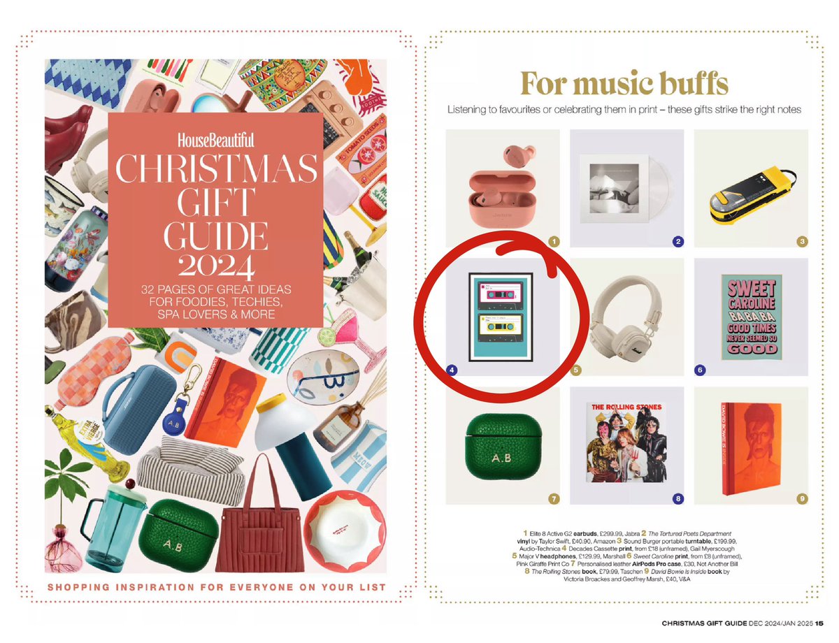 GailMyerscough's tweet photo. In the press! 
My Decades Cassette print is featured in the House Beautiful 2024 Christmas Gift Guide 
https://t.co/YI3H9Uqc8x
@HB #christmasgiftguide https://t.co/szLkznb5YQ