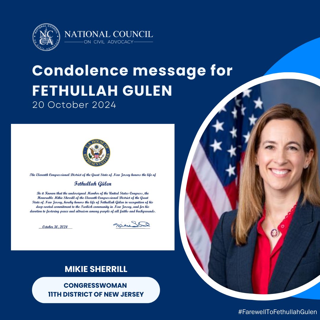 Congresswoman @RepSherrill of New Jersey’s Eleventh Congressional District honored the life of Fethullah Gülen, recognizing his lasting commitment to the Turkish community in New Jersey and his devotion to fostering peace and altruism among people of all faiths and backgrounds.