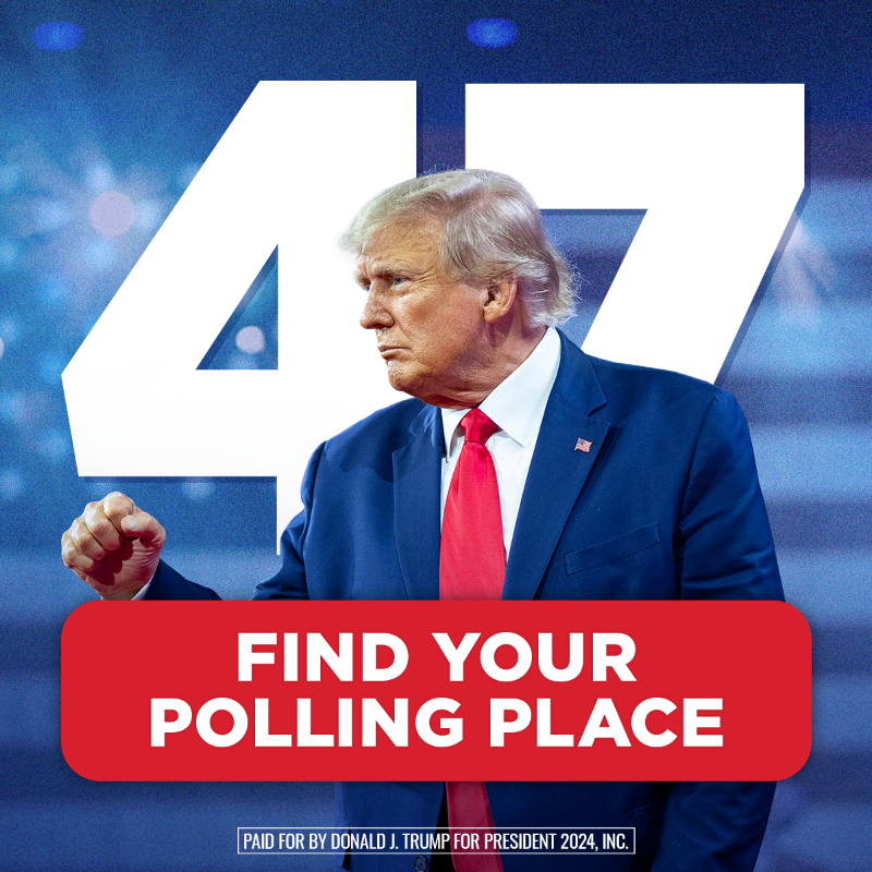 TeamTrump's tweet photo. GEORGIA: Make a plan, get to the polls, and VOTE for someone who will NEVER stop fighting for YOU. 🫵

With your help we are going to MAKE AMERICA GREAT AGAIN!

⬇️ Find your polling place NOW ⬇️
