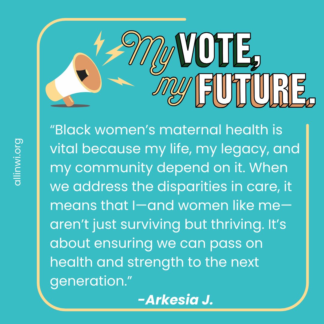 WisconsinAllin's tweet photo. Arkesia is voting to ensure Black women have access to adequate maternal health. What’s your voting story? #AllinWisconsin #WIvotes https://t.co/sMEd6x0hmT