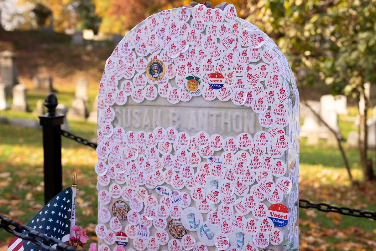 CityRochesterNY's tweet photo. Early voting in Rochester and Monroe County is underway and lasts through November 3, and many people have already placed their "I Voted" stickers on Susan B. Anthony's grave. 

This #ROC election day tradition is a tribute to her pivotal role in the women’s suffrage movement. https://t.co/AqS87qSRGy