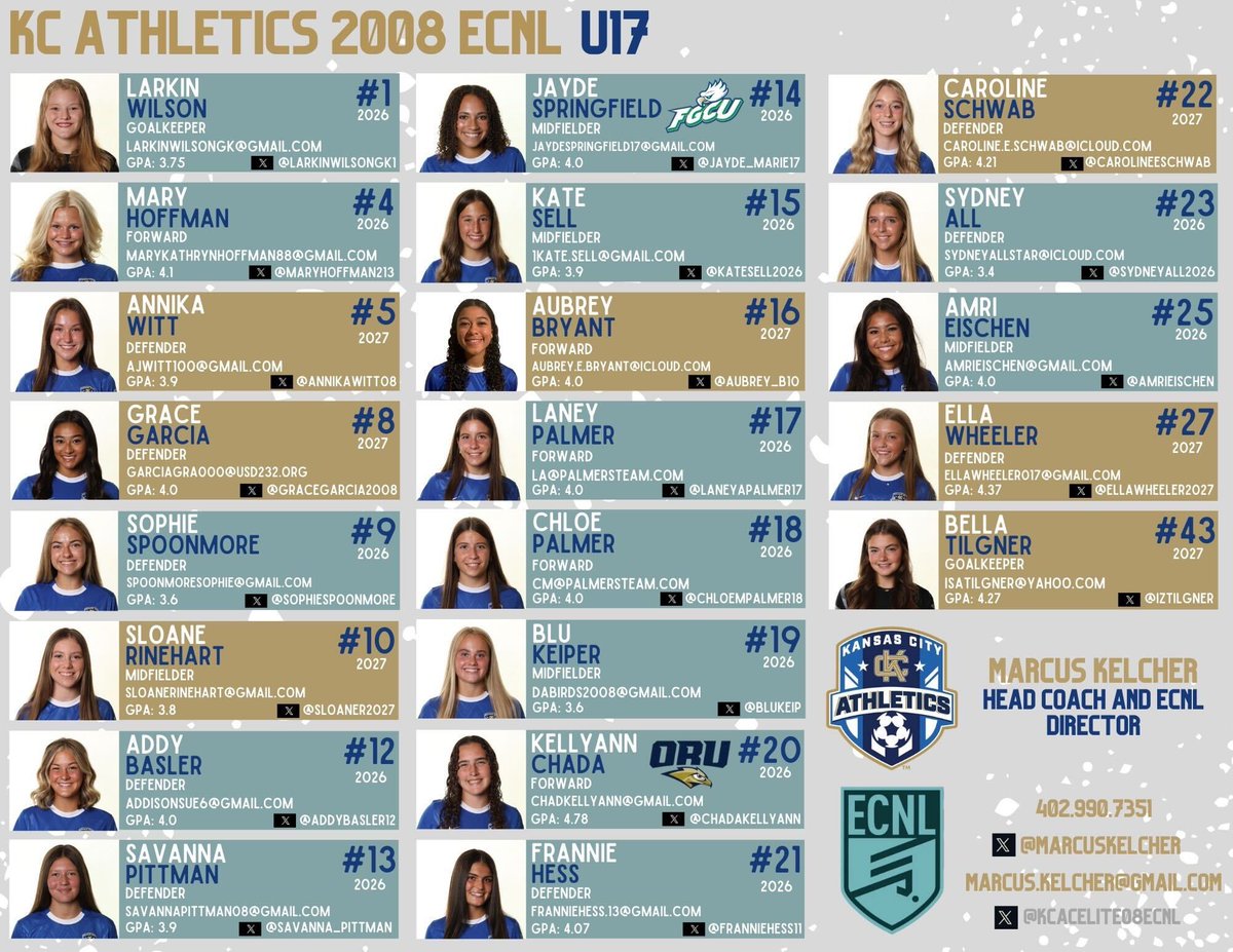 Meet the KCA 2008 ECNL team!!
(Graduation year 2026/27)