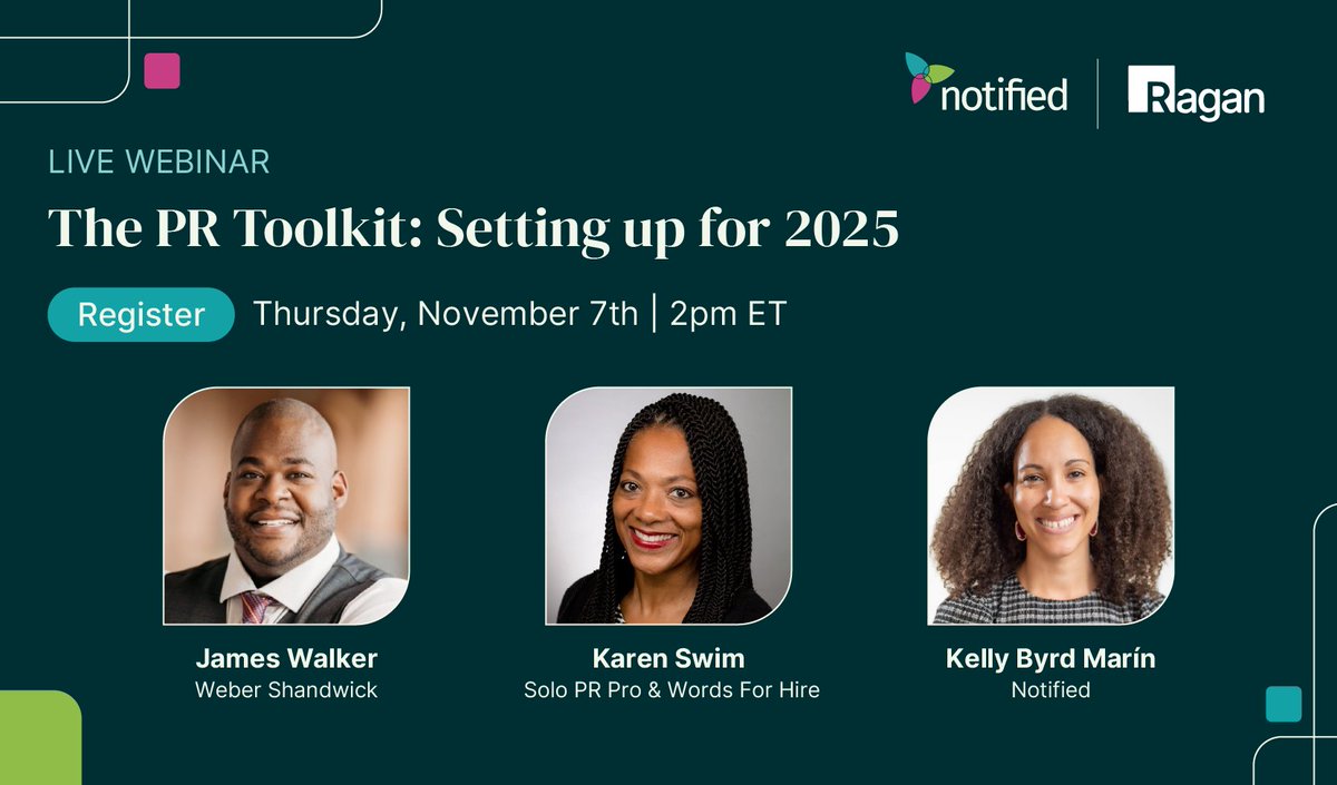 Notified's tweet image. Is your #PR strategy armed with the right tools for 2025?

Find out on Nov. 7 during our #CommsWeek prep webinar, where industry experts will share how you can leverage emerging tech to deliver measurable results.

Register now ➡️ ow.ly/789050TWx4G

#PublicRelations