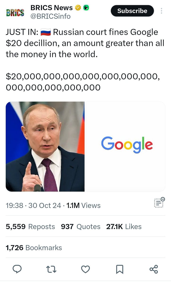 UpscScreenshots's tweet photo. Just Imagine. Number of Zeros in 20 dollars Decillion -37.
OMG.
Was that court capable of imposing fine more than the world has total money right now. Or let's say Global GDP.
#Russian #Google #decillion #upsc https://t.co/ddiSNSpWlw