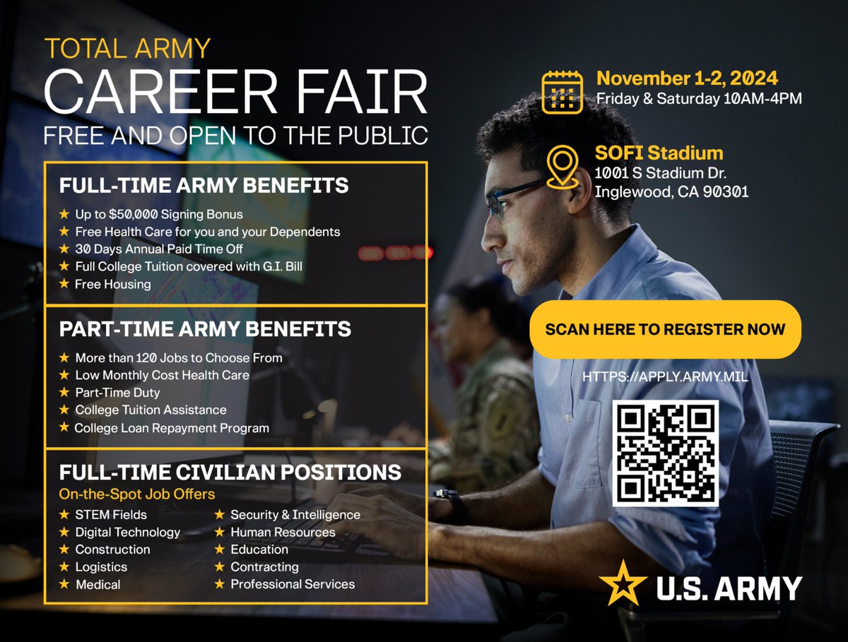 U.S. Army (@usarmy) on Twitter photo #ICYMI: The next Total #USArmy Career Fair is almost here :
ℹ️ Nov. 1-2, 2024
🕰️ 10 a.m. to 4 p.m.
📍 <a href="/SoFiStadium/">SoFi Stadium</a> in Inglewood, Calif.
Register and learn more at spr.ly/6014Sz4R6 #ICYMI: The next Total #USArmy Career Fair is almost here :
ℹ️ Nov. 1-2, 2024
🕰️ 10 a.m. to 4 p.m.
📍 <a href="/SoFiStadium/">SoFi Stadium</a> in Inglewood, Calif.
Register and learn more at spr.ly/6014Sz4R6