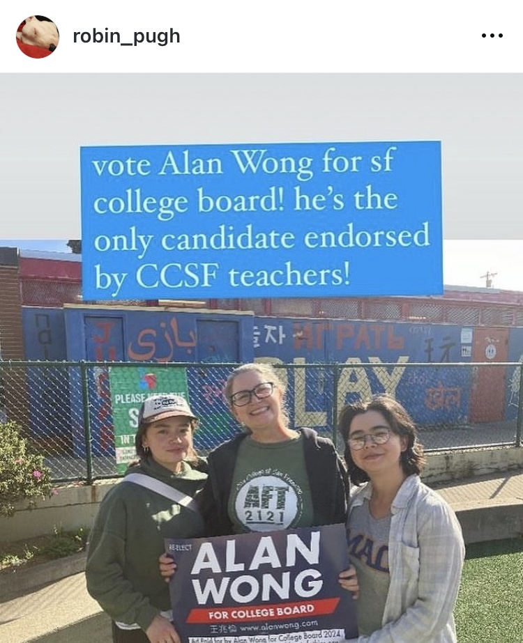 Robin teaches Business &amp; Real Estate classes to working San Franciscans who want an accessible pathway to economic empowerment. That's City College. Robin's message: vote Alan Wong only for SF College Board. He's the 1 Trustee who opposed cuts that have locked her students out.