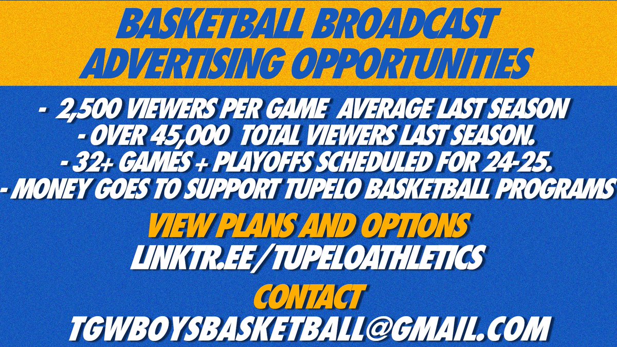Tupelo Athletics (@tupeloathletics) on Twitter photo โ
๐บ ๐๐๐ฏ๐๐ซ๐ญ๐ข๐ฌ๐ ๐ฐ๐ข๐ญ๐ก ๐๐ฎ๐ฉ๐๐ฅ๐จ ๐๐จ๐จ๐ฉ๐ฌ!
Support our Basketball Programs & advertise your business on the Golden Wave Sports Network! 45k+ viewers last season for ๐ in year one! Pick a plan today! โฌ๏ธ
โก๏ธ linktr.ee/tupeloathletics
๐ง tgwboysbasketball@gmail.com โ
๐บ ๐๐๐ฏ๐๐ซ๐ญ๐ข๐ฌ๐ ๐ฐ๐ข๐ญ๐ก ๐๐ฎ๐ฉ๐๐ฅ๐จ ๐๐จ๐จ๐ฉ๐ฌ!
Support our Basketball Programs & advertise your business on the Golden Wave Sports Network! 45k+ viewers last season for ๐ in year one! Pick a plan today! โฌ๏ธ
โก๏ธ linktr.ee/tupeloathletics
๐ง tgwboysbasketball@gmail.com