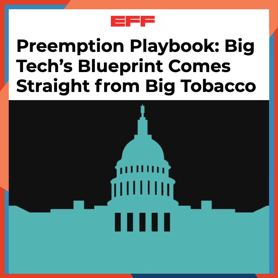 Abusive preemption has long been a tool used to undermine progress and benefit corporations, often at the expense of individuals &amp; local communities. <a href="/EFF/">EFF</a> spotlights how Big Tech is pursuing federal privacy bills that would preempt many state privacy laws: bit.ly/4f3dRjv