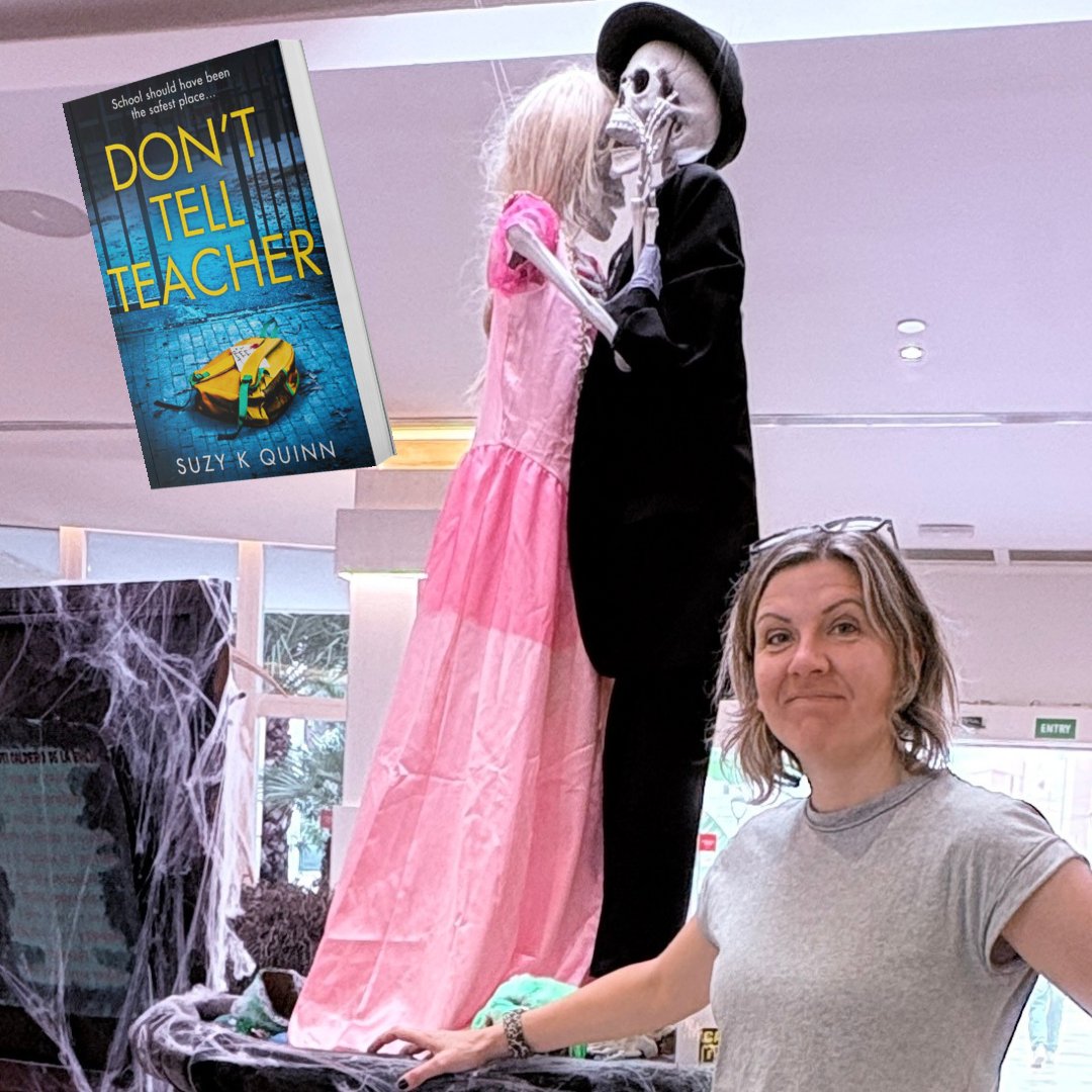 SuzyKQuinn's tweet photo. Halloween in Ibiza, and guess what? These ghoulish spectres were reading a floating copy of my frightening psychological thriller, Don't Tell Teacher. Read it if you dare! Happy Halloween all! xx https://t.co/4KreRLx2eB