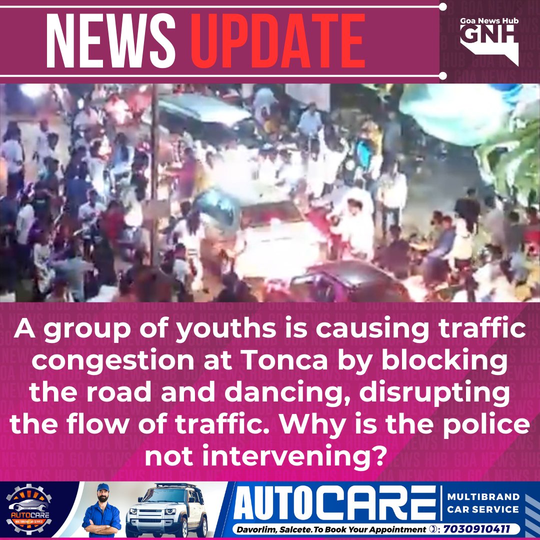 goanewshub's tweet photo. A group of youths is causing traffic congestion at Tonca by blocking the road and dancing, disrupting the flow of traffic. Why is the police not intervening?
#TrafficCongestion #Tonca #PublicSafety #Goa https://t.co/9wlJ1CQcm7