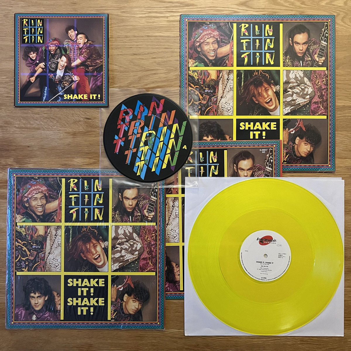 RetroPopBoy's tweet image. #StockAitkenWaterman single No 24 was “Shake it! Shake It!”, by Rin Tin Tin. It was released on 26/10/85 but didn’t chart. Pictured here are the UK picture disc and standard 7”, 12” editions from the UK and Italy, and the German yellow transparent 12”.
#PWLCollection #PWL40 #PWL