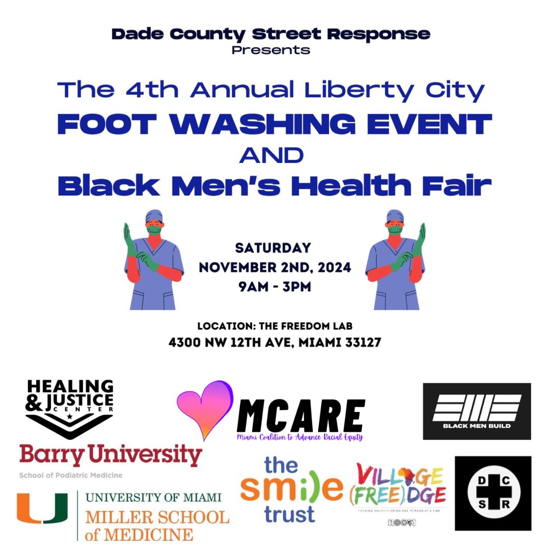 miaracialequity's tweet photo. Join us for the 4th Annual Liberty City Foot Washing Event! By volunteering, you’ll help create a day of dignity and care, where most those in need in our community can access essential health screenings, foot washing, and heartfelt connections. https://t.co/Tw0qM3qgsk