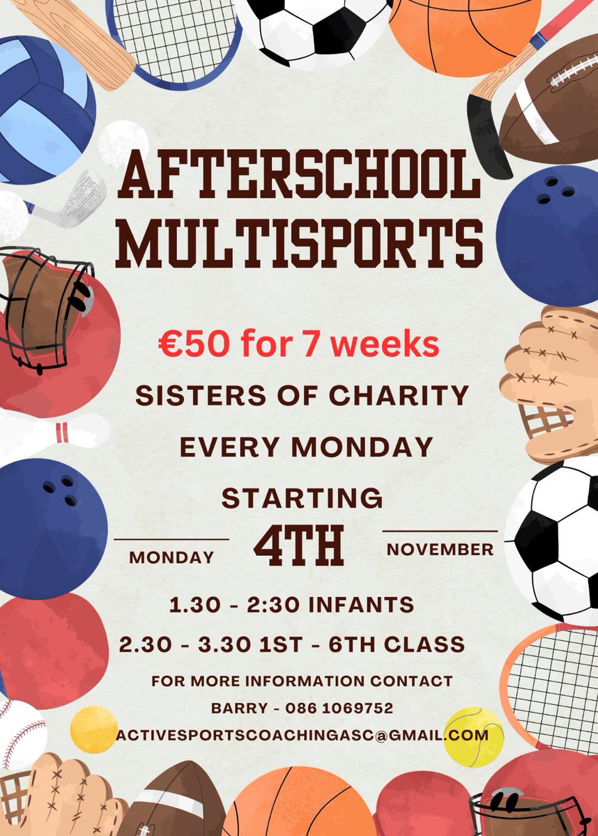 Afterschool Multisports teach important fundamental movement skills through fun games and activities. To book, email or text Barry