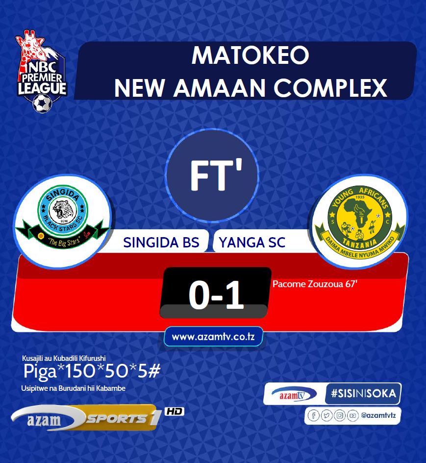 azamtvtz's tweet image. #NBCPL Mechi ya nane……!!!

FT: Singida BS 0-1 Yanga SC.

Burudani ya Carabao Cup inafuata LIVE #AzamSports

#NBCPremierLeague #LigiKuuYaNBC #NBCPL #NBCPLUpdates #SisiNiSoka #YangaSC #SingidaBlackStars #YangaSingidaBS #Zanzibar 
@YoungAfricansSC