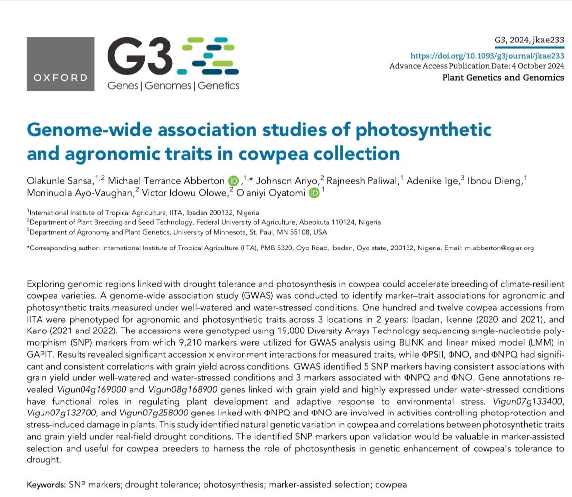 Excited  to share our latest publication

👉 We explored natural ganetic varaition for photosynthesis in cowpea under real field drought conditions

👉 We provide valuable directions for breeding climate-resilient cowpea varieties

👇
doi.org/10.1093/g3jour…