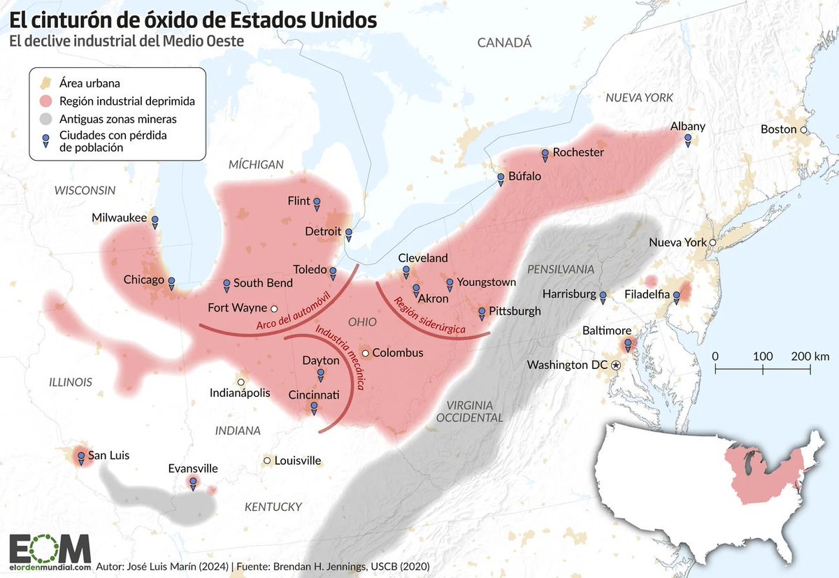 🇺🇸 El mapa del cinturón de óxido de EEUU 🇺🇸

La región del Medio Oeste es un antiguo foco industrial y obrero.

Sufrió los procesos de la deslocalización y hoy es una zona deprimida y disputada electoralmente.

Lo plasma sobre el mapa <a href="/JoselrMarin/">José Luis Marín</a> 👇
elordenmundial.com/mapas-y-grafic…