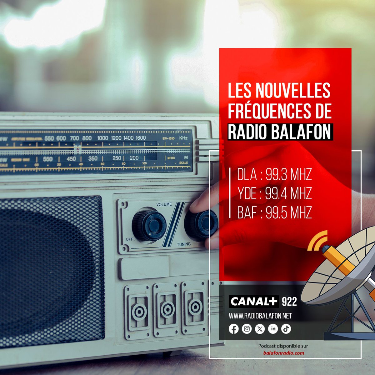 Bascule ta Radio <a href="/radio_balafon/">BalafonRadioTV</a> ce 1er Novembre à minuit sur ses nouvelles fréquences
Douala: 99.3
Yaoundé : 99.4
Bafoussam: 99.5