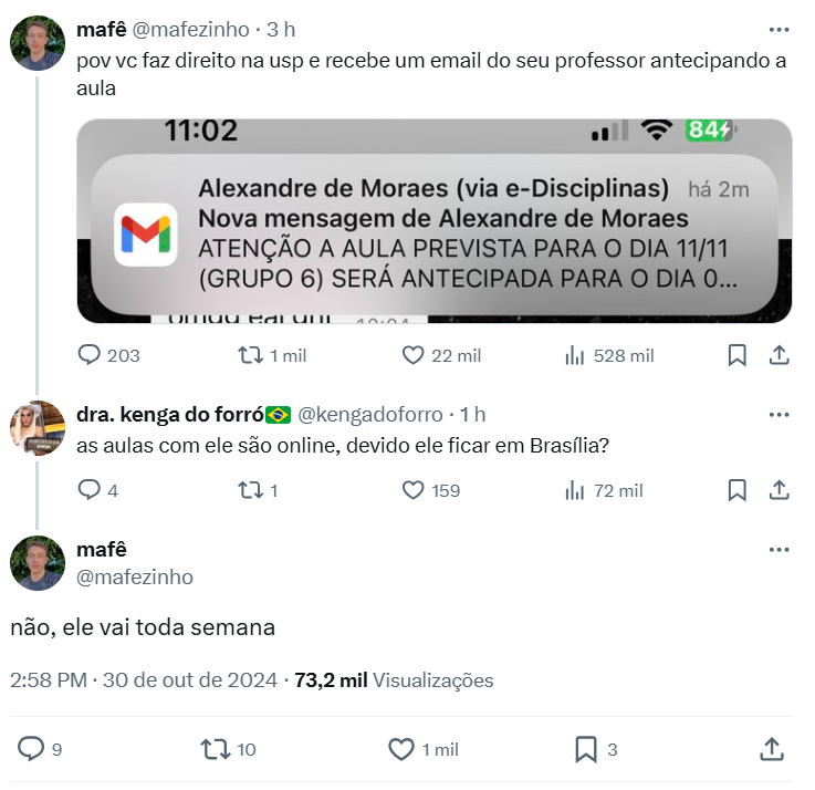 lucaschelala's tweet photo. porra vsf o ALEXANDRE DE MORAES dá aula presencial toda semana em SÃO PAULO e tem professor da ufmg que eu tive matéria e vi umas 3 vezes no semestre só https://t.co/g5MRrWMgCR