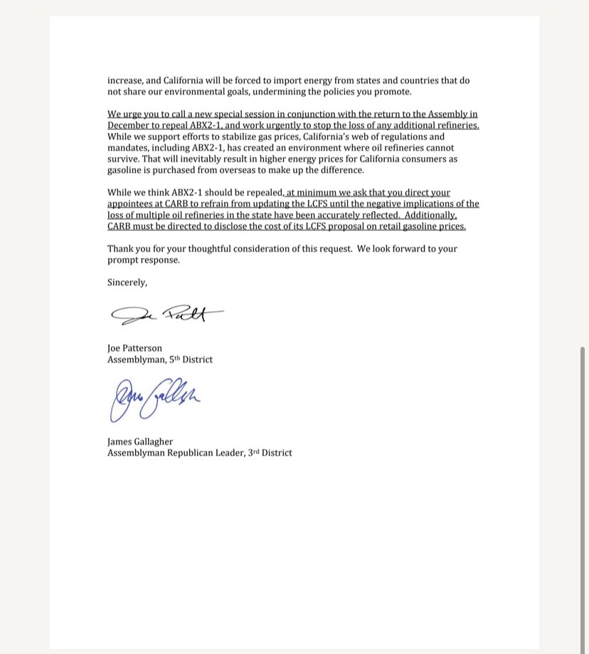 New: California Republican Assemblymen urge Gov. Newsom
to direct <a href="/AirResources/">CARB</a> to halt vote on updated Low Carbon Fuel Standards in order to analyze impact at the gas pump. 

They also call for special sesh to repeal the recently passed fuels storage law as refiners rethink CA.