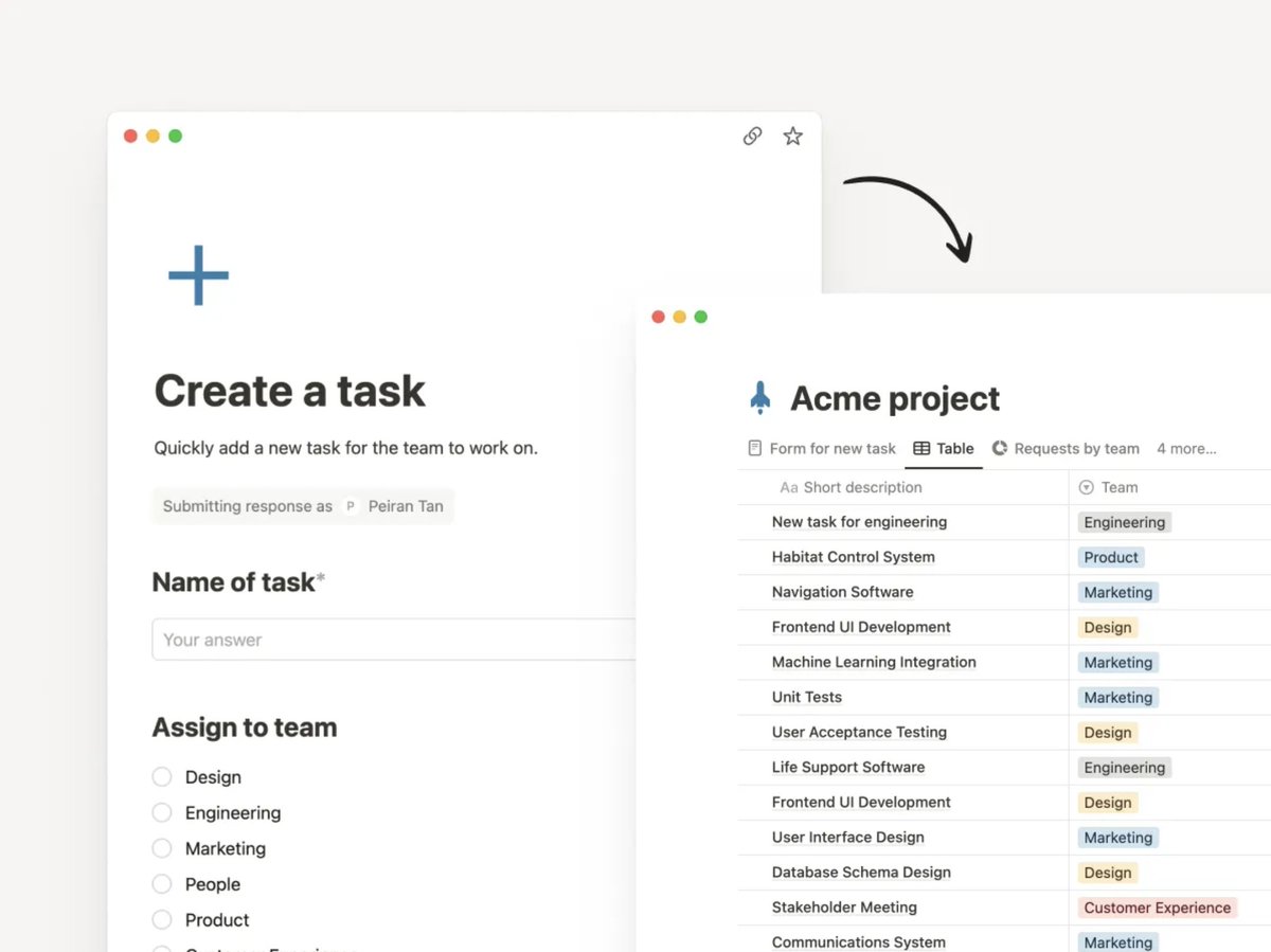 NotionHQ's tweet image. Forms in Notion bridge the gap between your work and valuable feedback. You can use them to collect, organize, and act on responses right in your Notion workspace. 

Want help making the most of forms? Check out our guide → ntn.so/forms-guide
