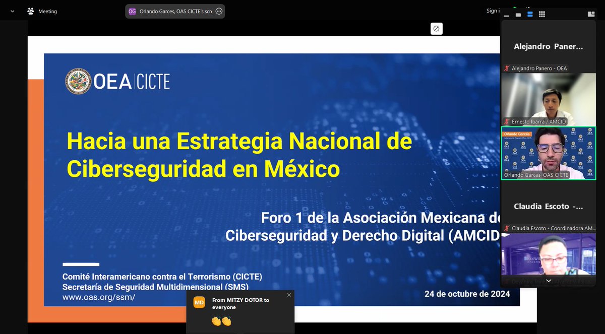 OEA_Cyber's tweet photo. Participamos, junto a más de 180 representantes del ecosistema de #Ciberseguridad de México 🇲🇽, en el Foro 'Hacia una Estrategia Nacional de Ciberseguridad' de @AMCID_Mx, donde compartimos nuestra experiencia en este campo para apoyar al diálogo y generación de recomendaciones para el proceso de formulación de la estrategia nacional. @Eibarra_S

Más info sobre el proceso👇 
https://t.co/571ilVmDNU