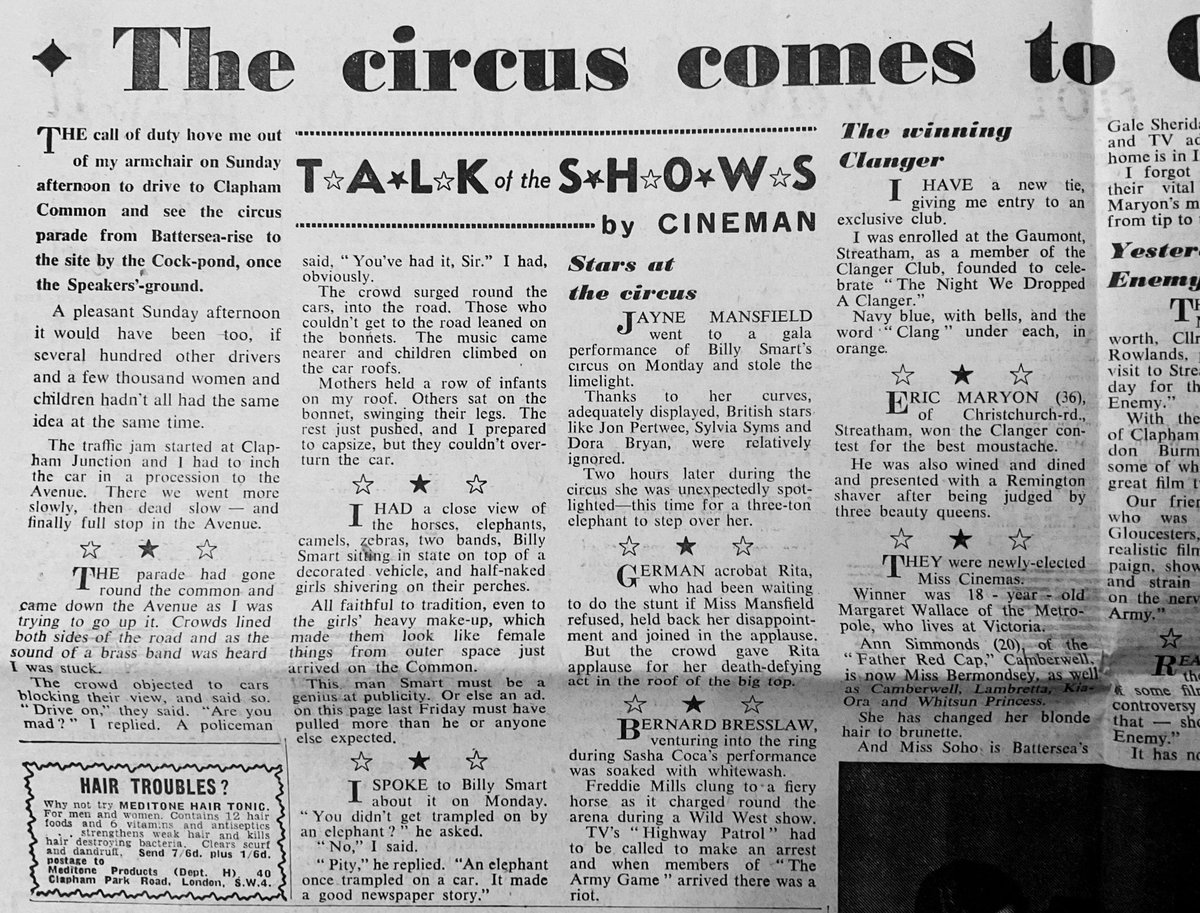 EltonMaryon's tweet photo. #OTD 65 years ago in the South London Press in the popular ‘Talk of the Shows’ column by ‘Cineman’ &amp; nestled amongst stories about #JayneMansfield, #BernardBresslaw #BillySmart &amp; the Mayor &amp; Mayoress of Wandsworth, was my dear old dad living the high life with some beauty queens! https://t.co/AGjxISm0ml
