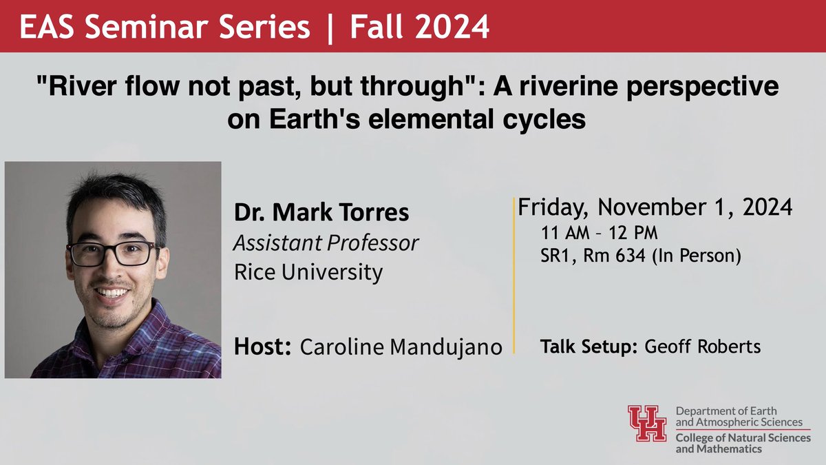 Please join our Friday seminar with Dr. Mark Torres who will be talking about River flow not past, but through: a riverine perspective on Earth’s elemental cycles

See details on the flyer