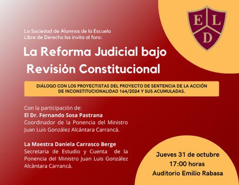 Solange Estrada ☀️ (@solangeesm) on Twitter photo La Sociedad de Alumnos de la <a href="/eld_oficial/">Escuela Libre de Derecho</a> invita a la comunidad al foro “La Reforma Judicial bajo Revisión Constitucional”
¡Esperamos contar con su asistencia! La Sociedad de Alumnos de la <a href="/eld_oficial/">Escuela Libre de Derecho</a> invita a la comunidad al foro “La Reforma Judicial bajo Revisión Constitucional”
¡Esperamos contar con su asistencia!
