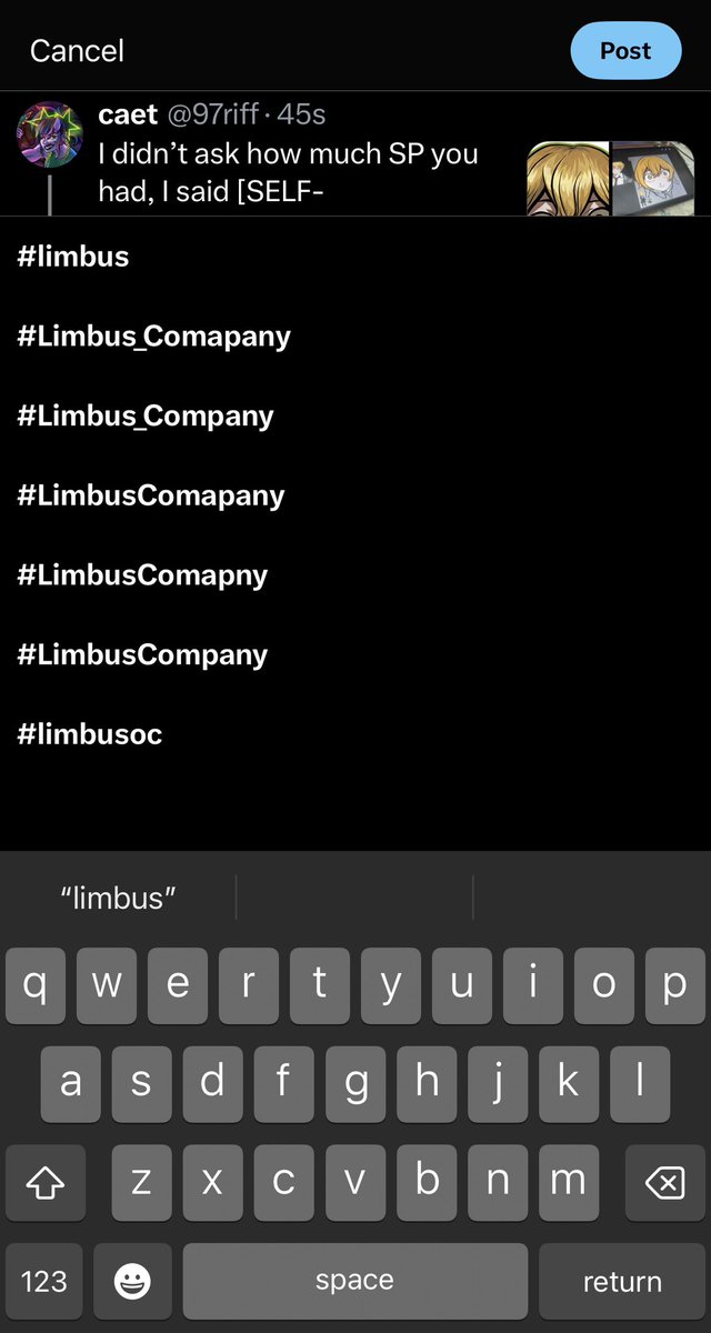 97riff's tweet photo. I love how all the #Limbus_Company tags are misspelled 😭 https://t.co/vz1f7Gn7oy