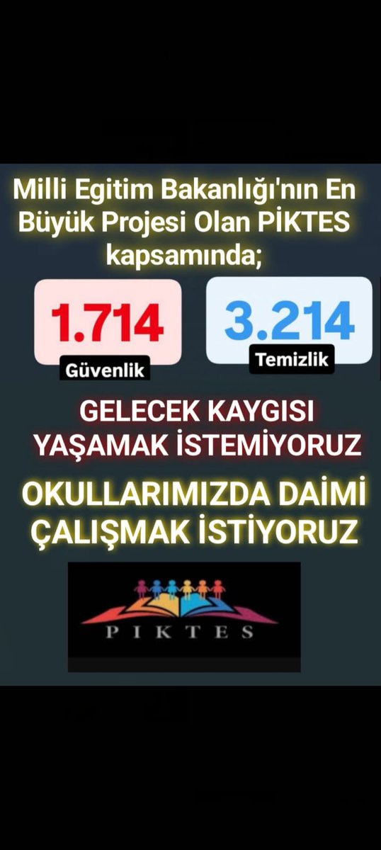 #Piktes Özel #Güvenlik ve #Temizlik çalışanlari okullarında süreklilik istiyor 

<a href="/Guvenlik_is/">Güvenlik-İş Sendikası</a>
<a href="/mebhbogm/">MEB Hayat Boyu Öğrenme Genel Müdürlüğü</a> <a href="/Yusuf__Tekin/">Yusuf Tekin</a> <a href="/chnkvnc/">Cihan KIVANÇ</a> <a href="/CelileErenOKTEN/">Celile Eren ÖKTEN</a> <a href="/cengizmete/">Cengiz Mete</a> <a href="/alemdareyup1/">@alemdareyup</a>