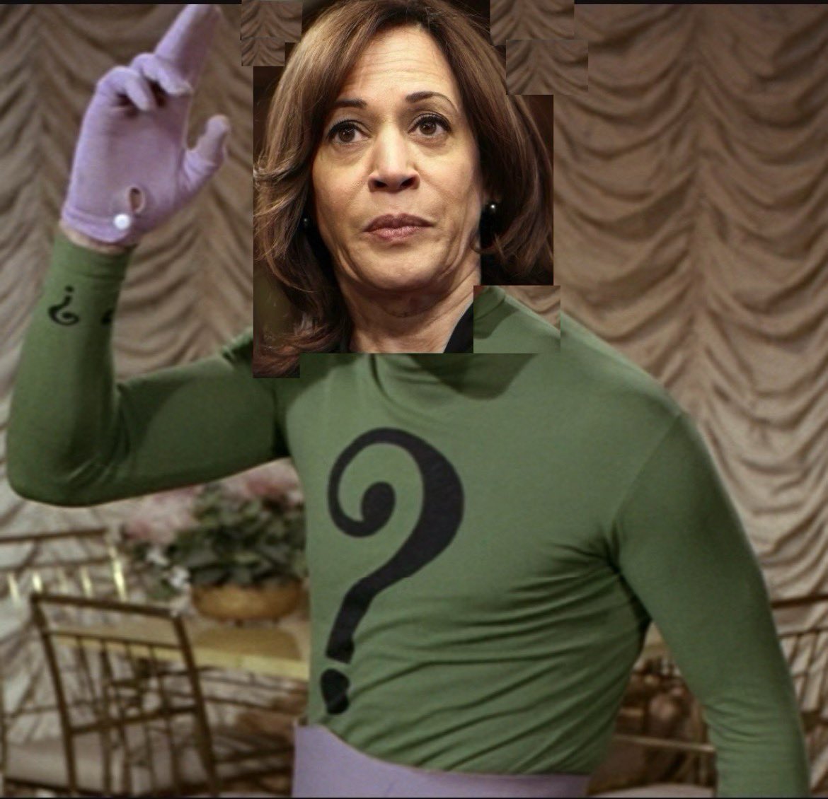 ApDean's tweet image. I discovered what Kamala Harris will be for Halloween. To match her speaking style, she will be THE RIDDLER! Now she can look just as confused as we do during her speeches!!! #MAGA2024 #DonaldJTrump #Trump2024