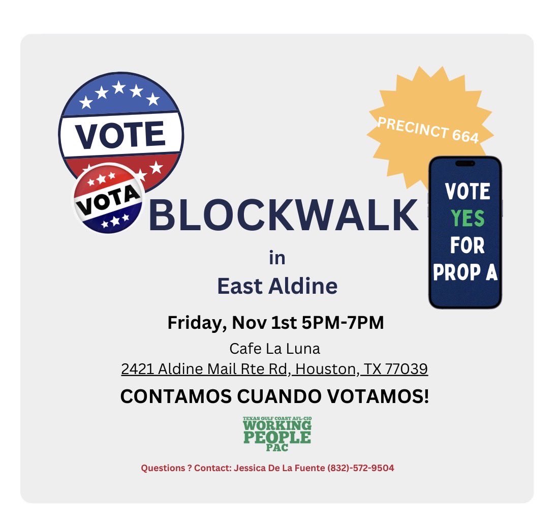 Join <a href="/WorkingPeopleTX/">Working People PAC</a> this Friday to get out the vote in the Aldine community! We hope you can join us! Call the number 👇 to RSVP.