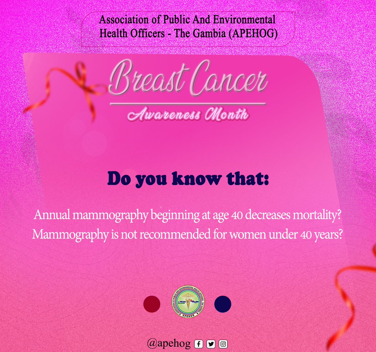 Starting annual mammograms at age 40 can significantly reduce the risk of breast cancer mortality. Mammograms aren’t generally recommended for women under 40, making early self-exams even more essential. Let’s prioritize early detection!

#APEHOG #BreastCancer #2024 #NoSFbcA24