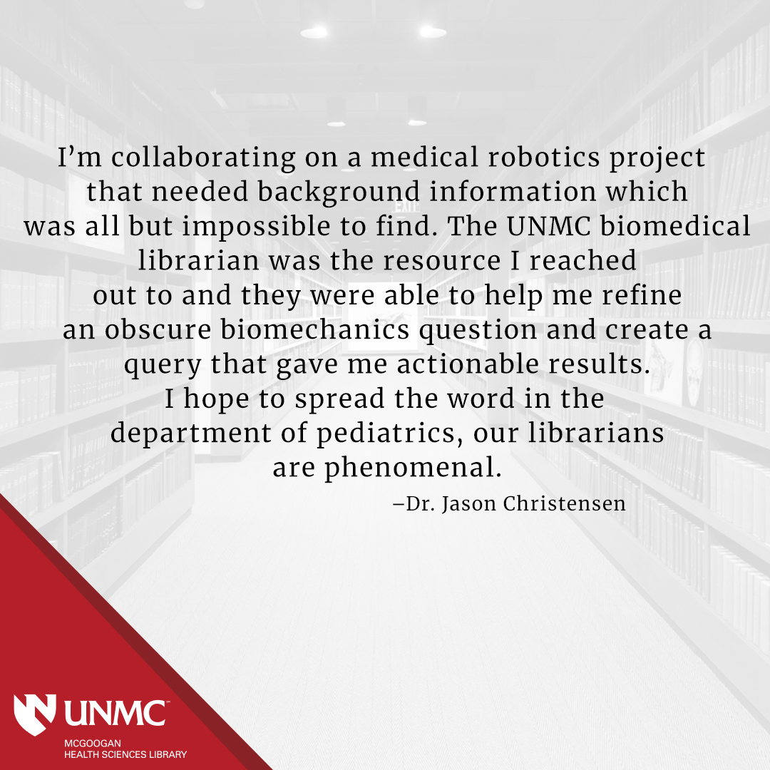 McGoogan Library (@unmclibrary) on Twitter photo 1/4: Thank you Dr. Christensen (<a href="/ChildrensNE/">Children's Nebraska</a>) for sharing how collaboration with health sciences librarians can yield better research results!
Learn how librarians can assist <a href="/unmc/">University of Nebraska Medical Center</a> students, faculty and staff: unmc.edu/library
#MedicalLibrariansMonth #McGooganLibrary 1/4: Thank you Dr. Christensen (<a href="/ChildrensNE/">Children's Nebraska</a>) for sharing how collaboration with health sciences librarians can yield better research results!
Learn how librarians can assist <a href="/unmc/">University of Nebraska Medical Center</a> students, faculty and staff: unmc.edu/library
#MedicalLibrariansMonth #McGooganLibrary
