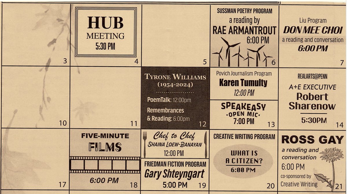 ModPo people are always welcome to join any Kelly Writers House program (livestreamed from our YouTube page):