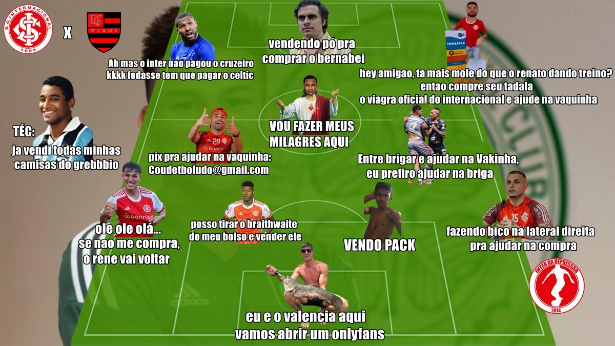 InterDD's tweet photo. ADIVINHA QUEM VOLTOU POR UMA CAUSA NOBRE? A escalação da depressao

hoje a SINFONIA de Roger Machado™ irá a campo com um único objetivo: Comprar Alexander Bernabei.

CADA RT é uma doação do NEGO DI para o pix coudetboludo@gmail.com

Faça a boa 👍 https://t.co/g2dartds2G